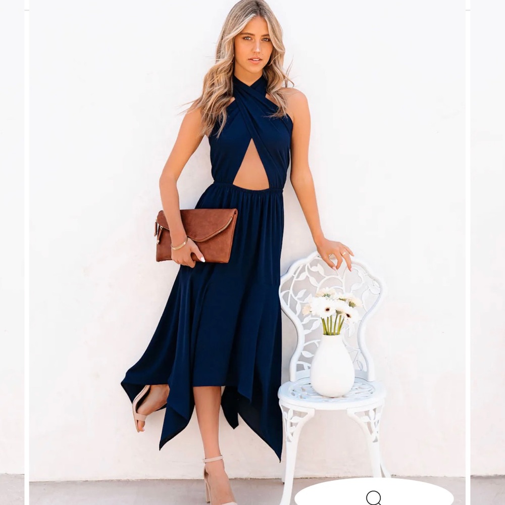 MARISOL HALTER CUTOUT MIDI DRESS - NAVY